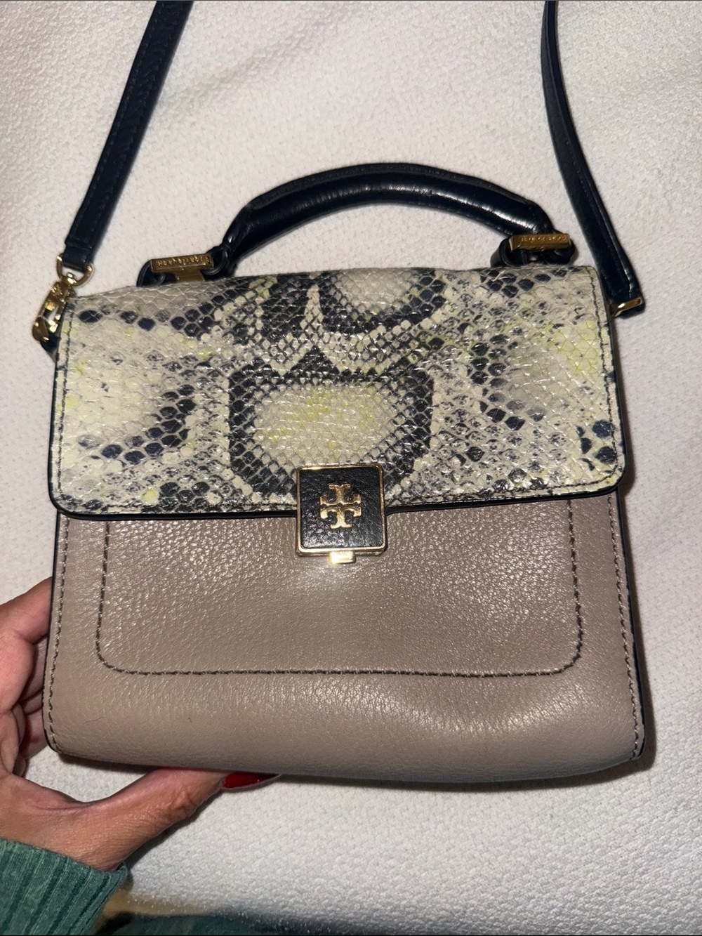 Tory Burch Black & Taupe Snake-Print Crossbody Bag